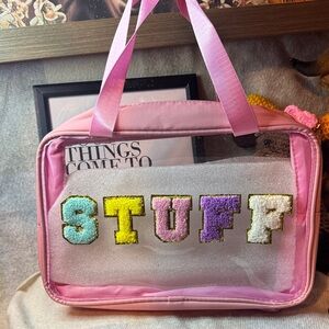 Pink Transparent Tote Bag with Colorful 'STUFF' Letters